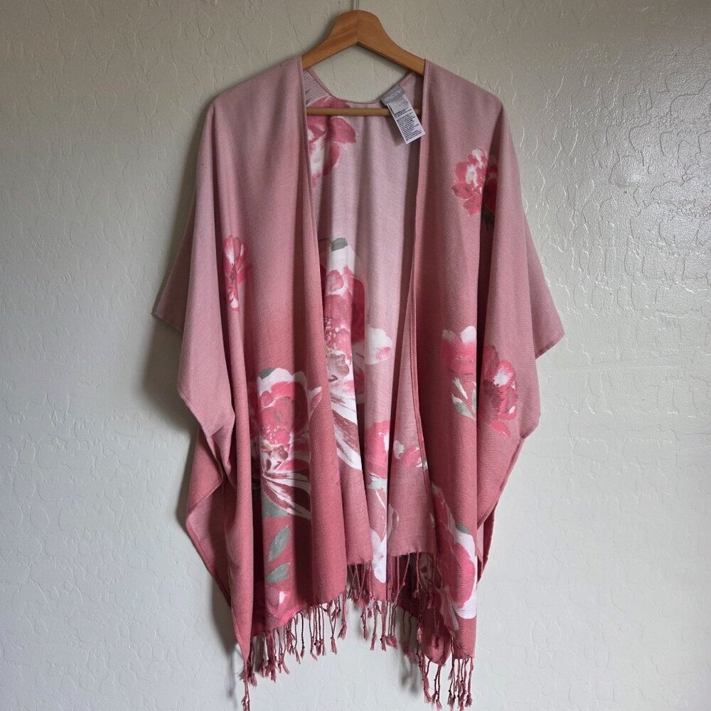 Chico's Floral Fringe Ruana Kimono Wrap Ombre Pink Women's One Size Open Front